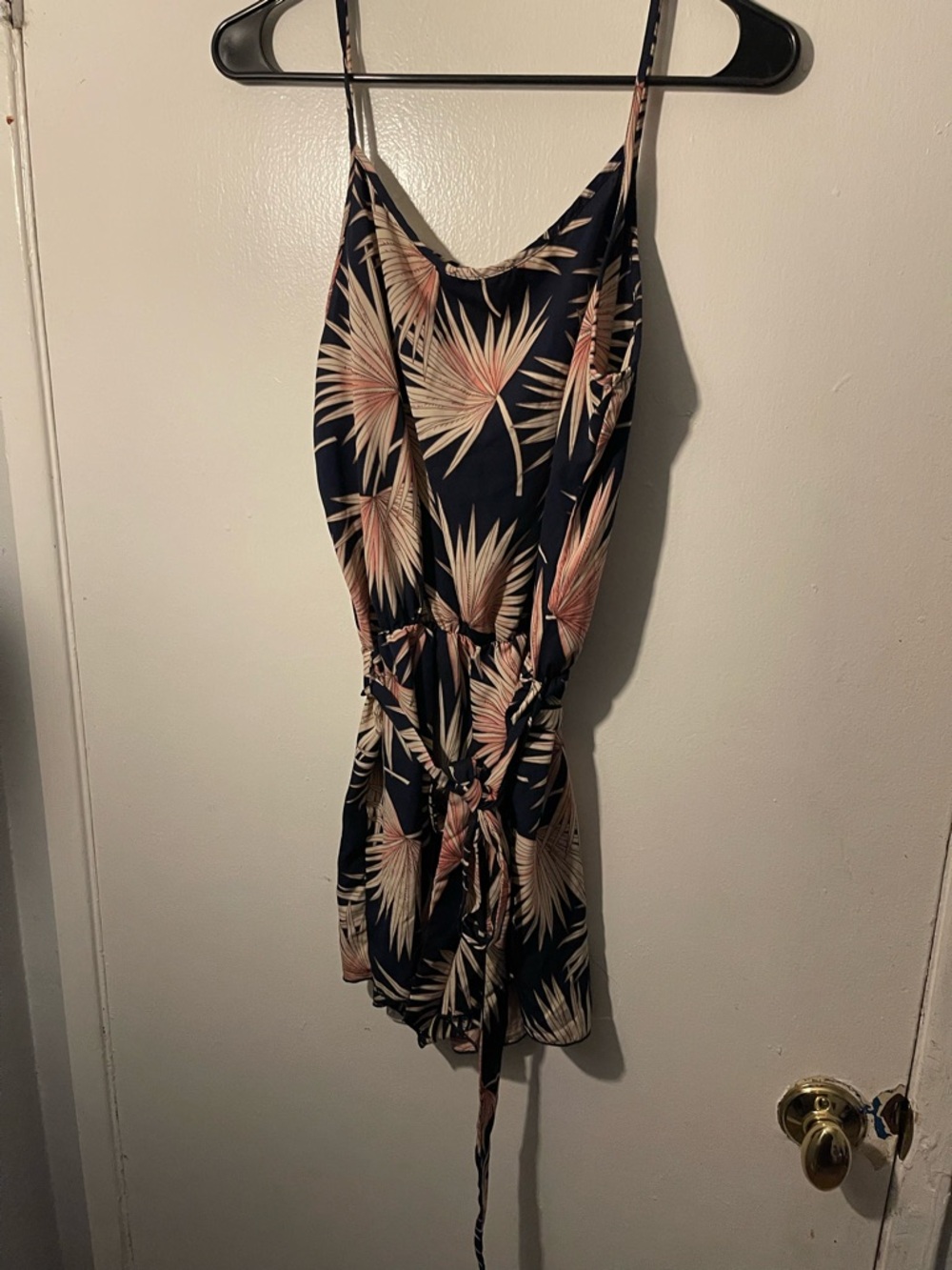 Papaya Navy Romper with Pink and Cream Tropical Leaves